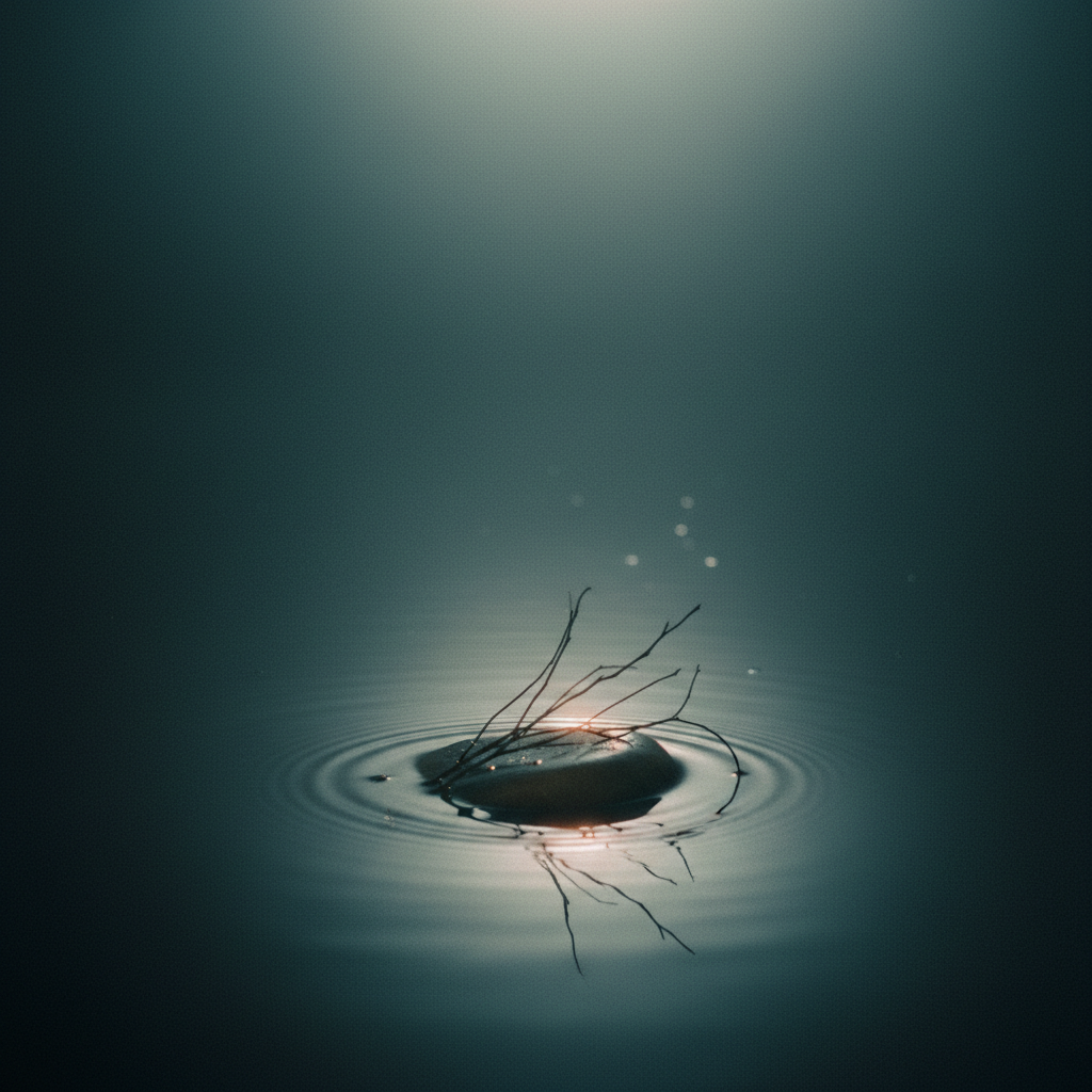Still dark water surface reflecting soft diffused light, misty atmospheric mood, serene and meditative editorial nature photography